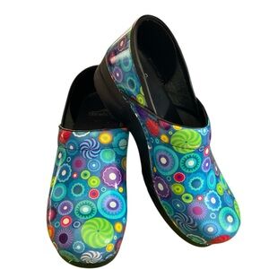 Dansko Mules Blue and Black With Fun Design